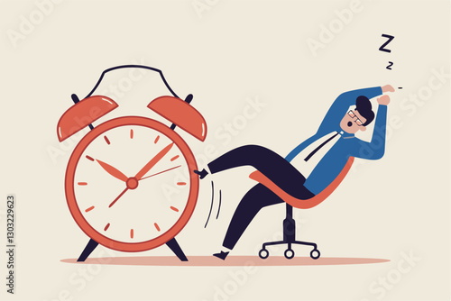 Afternoon slump, laziness and procrastination postpone work to do later, boredom and sleepy work concept, businessman sleeping lay down on office chair and alarm clock covered his face with book.