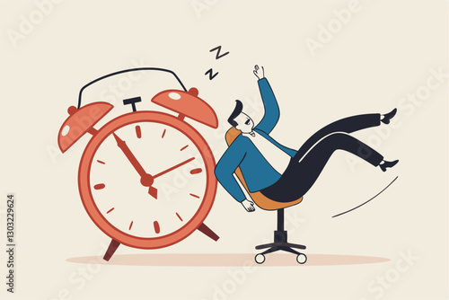 Afternoon slump, laziness and procrastination postpone work to do later, boredom and sleepy work concept, businessman sleeping lay down on office chair and alarm clock covered his face with book.