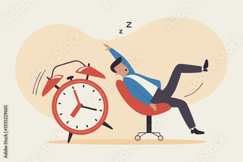 Afternoon slump, laziness and procrastination postpone work to do later, boredom and sleepy work concept, businessman sleeping lay down on office chair and alarm clock covered his face with book.