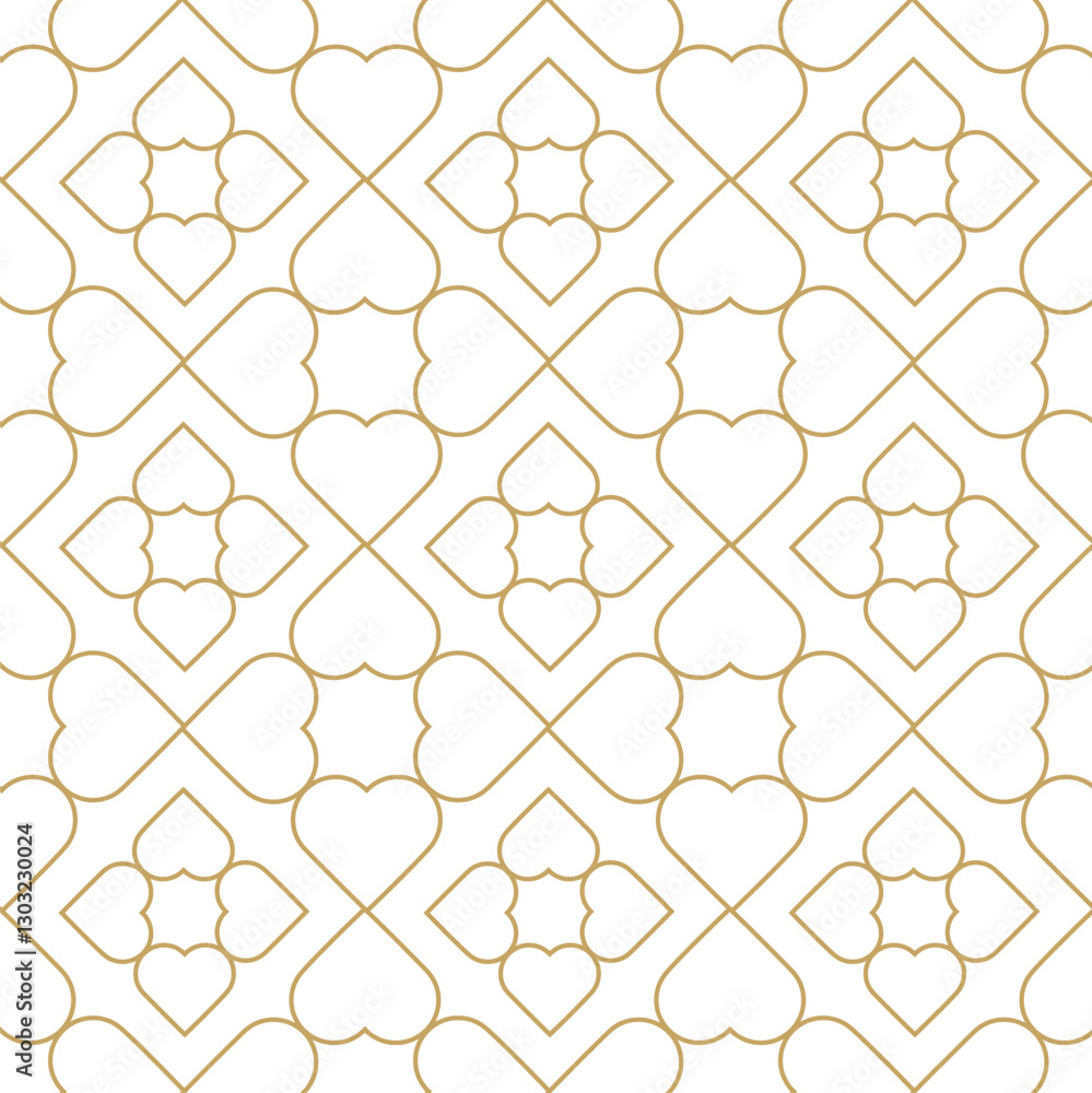 Abstract geometric pattern with hearts on white background. A seamless vector background. Graphic modern pattern. White and gold pattern.