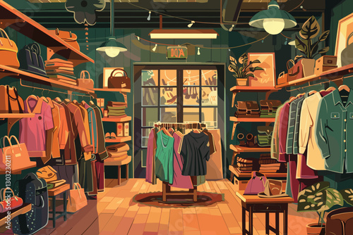 Wardrobe. Organization and storage clothing, wooden closet with shelves, stacks and hangers with clothes modern women dress shoes and accessories colorful apparel female fashion cartoon vector concept