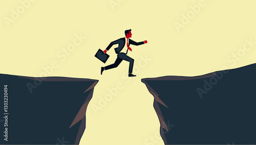 Determined businessman preparing to leap over a chasm, symbolizing the challenges and triumphs in the journey towards career success and professional achievement
