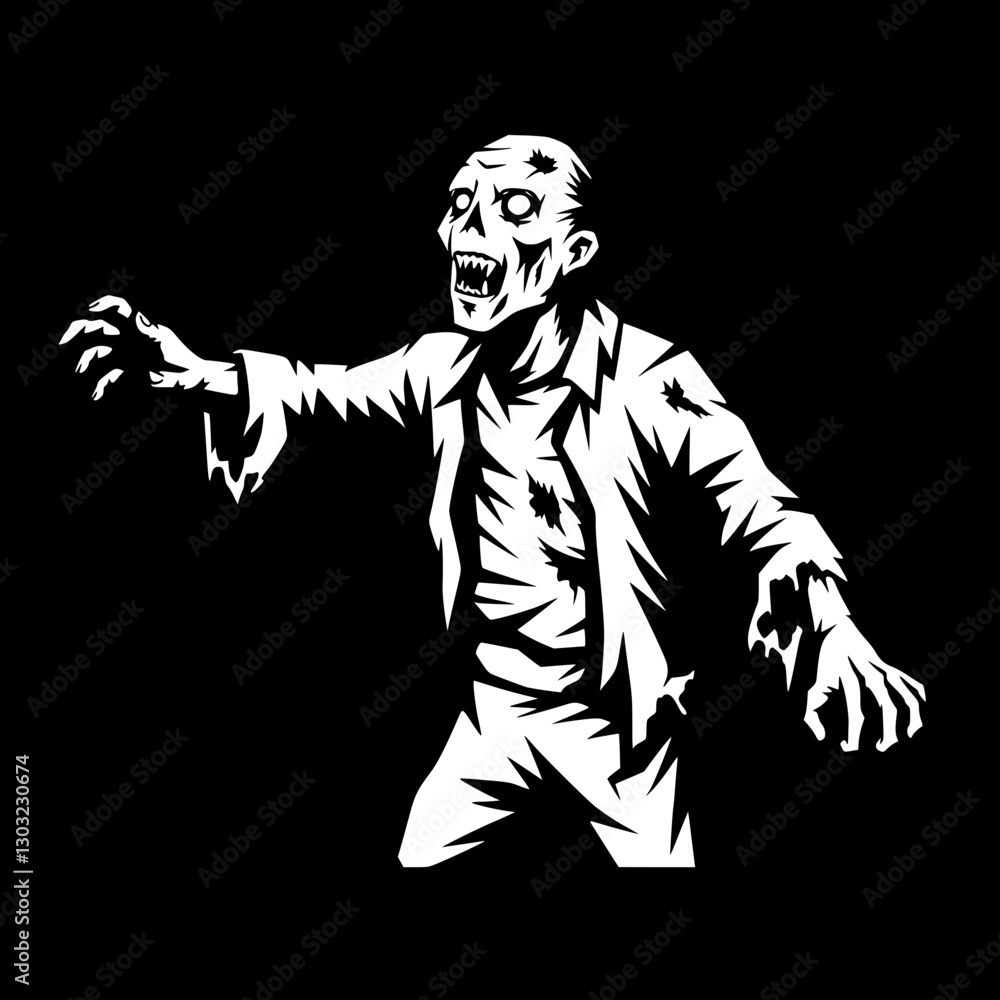 Fototapeta premium Creepy undead zombie figure walking in a tattered suit with a skull face in a darkened urban landscape during the night