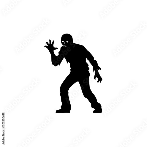 Creepy undead zombie figure walking in a tattered suit with a skull face in a darkened urban landscape during the night