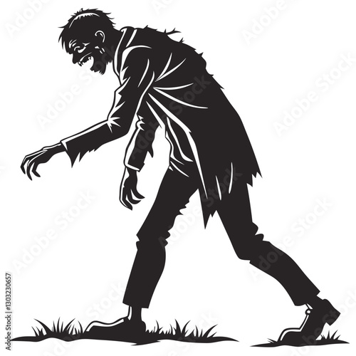 Creepy undead zombie figure walking in a tattered suit with a skull face in a darkened urban landscape during the night