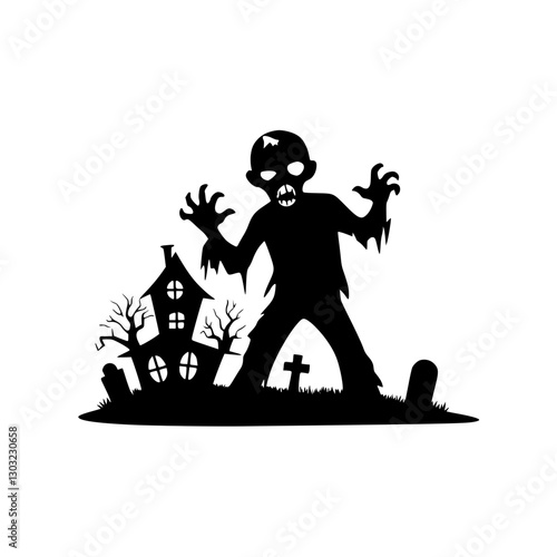 Creepy undead zombie figure walking in a tattered suit with a skull face in a darkened urban landscape during the night