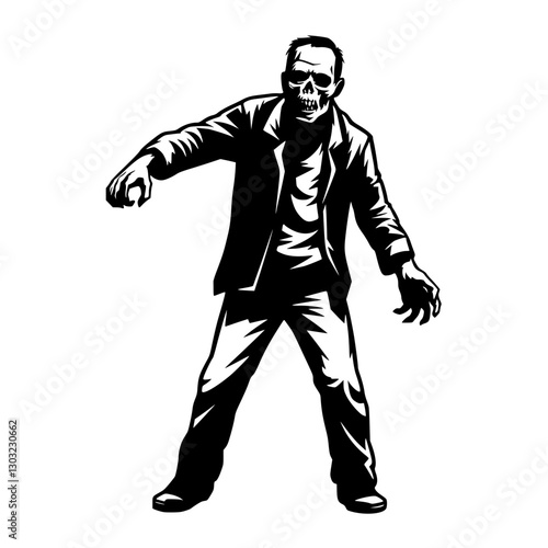 Creepy undead zombie figure walking in a tattered suit with a skull face in a darkened urban landscape during the night
