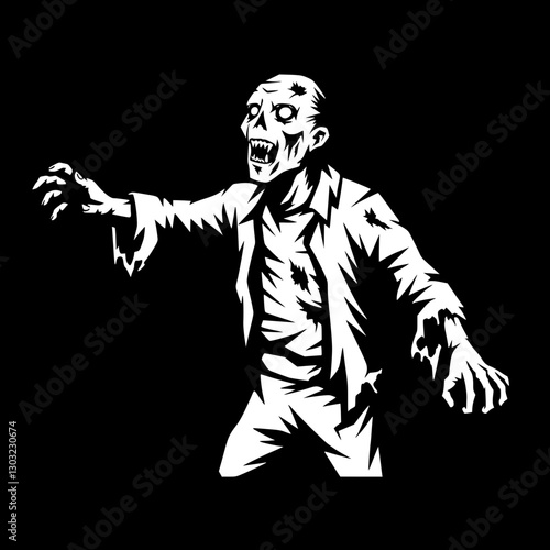 Creepy undead zombie figure walking in a tattered suit with a skull face in a darkened urban landscape during the night