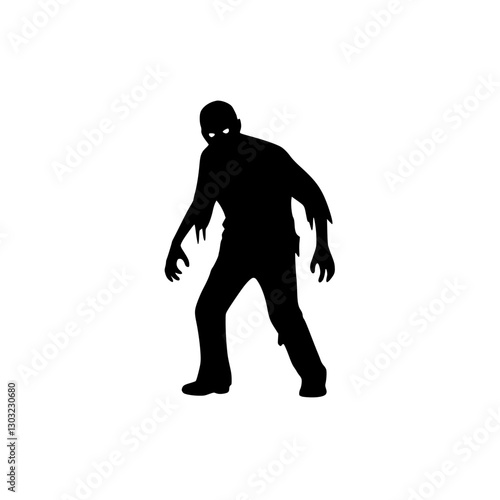 Creepy undead zombie figure walking in a tattered suit with a skull face in a darkened urban landscape during the night