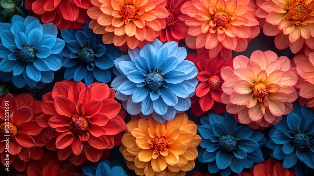 Obraz premium colorful red blue and orange dahlia flowers background floral pattern close up