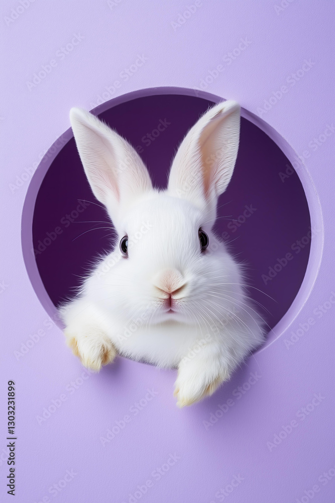 Obraz premium This adorable close-up photograph captures a fluffy white rabbit playfully peeking through a circular cutout in a lavender background. 