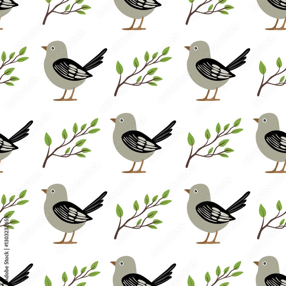 Fototapeta premium Seamless vector pattern featuring hand-drawn birds and leafy branches on a white background
