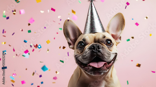 Festive french bulldog reveling in confetti shower with shiny party hat for celebration time photo