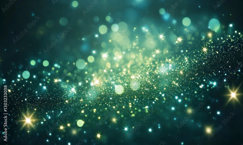 galaxy of stars in deep space, glowing with emerald green hues and shimmering silver specks. The background is a deep blue galaxy of stars in deep space, glowing with emerald green hues and shimmering silver specks. The background is a deep blue
