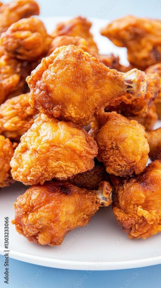 Crispy fried chicken pieces piled on a white plate. Crispy fried chicken pieces piled on a white plate.