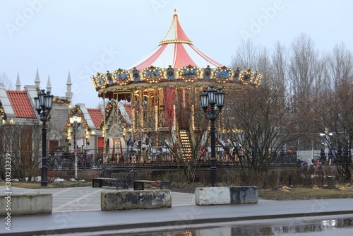 Children's two-story carousel. City park. Moscow. Russia.