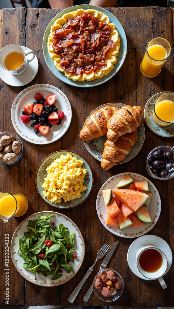 Overhead View of Elegant Mother's Day Brunch Spread on Rustic Wooden Table - Perfect for Restaurant Promotions or Family Celebration Advertising Overhead View of Elegant Mother's Day Brunch Spread on Rustic Wooden Table - Perfect for Restaurant Promotions or Family Celebration Advertising