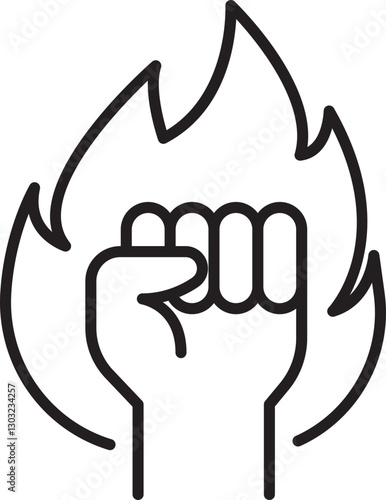 Symbolic fist with flames surrounding it line icon