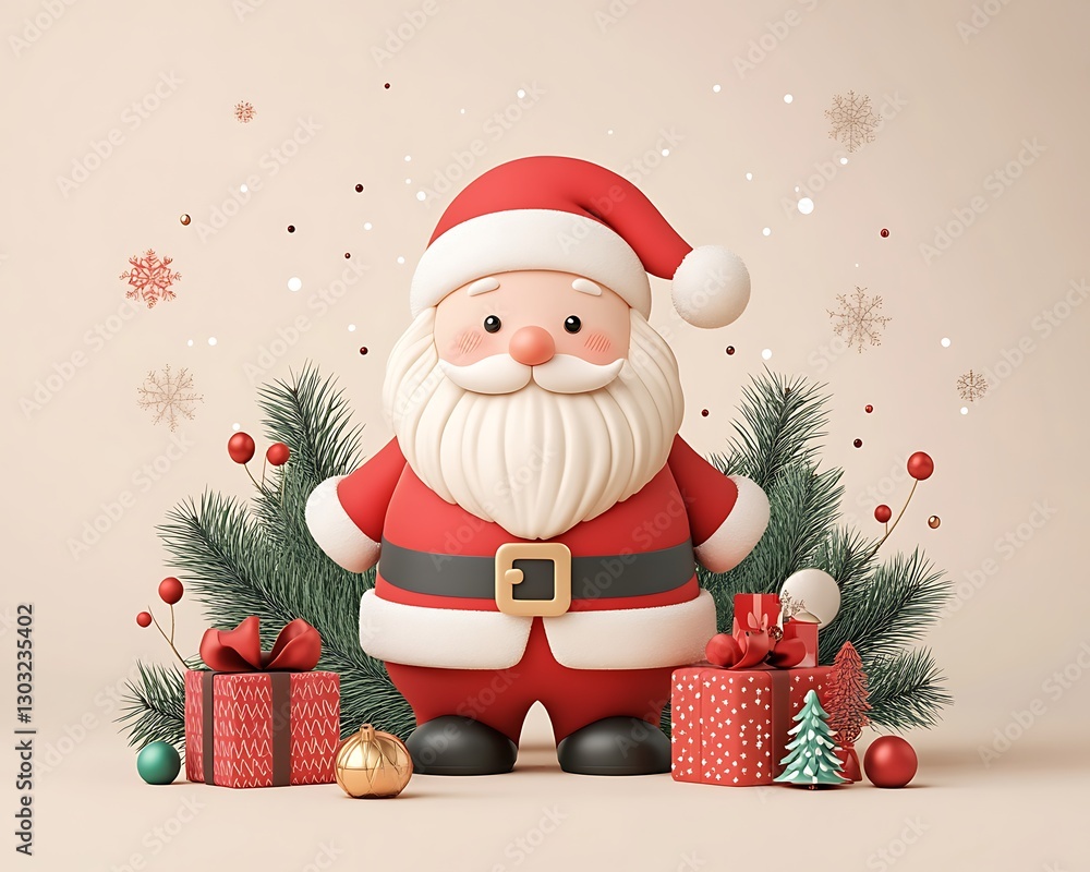 Santa with gifts, fir tree, neutral backdrop Santa with gifts, fir tree, neutral backdrop