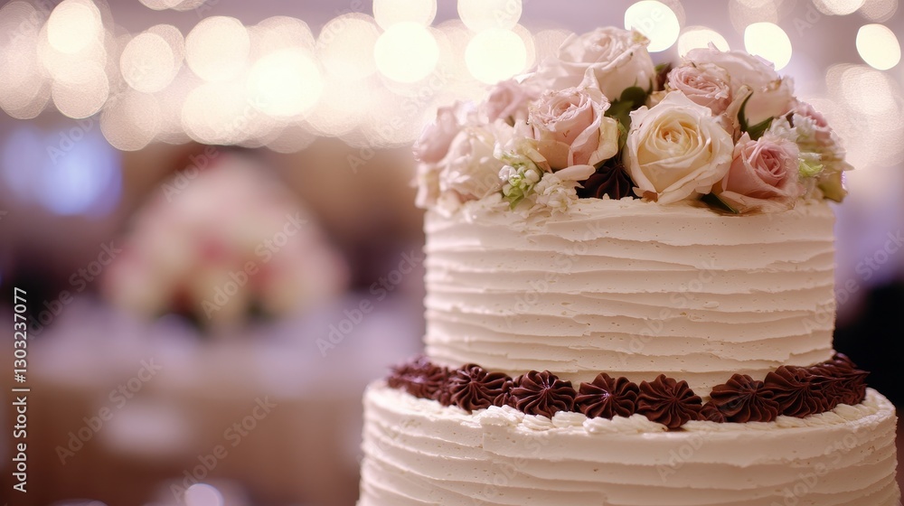 Elegant Sheet Cake with Chocolate Trimming: A Close-Up View for Wedding Reception Delight Elegant Sheet Cake with Chocolate Trimming: A Close-Up View for Wedding Reception Delight