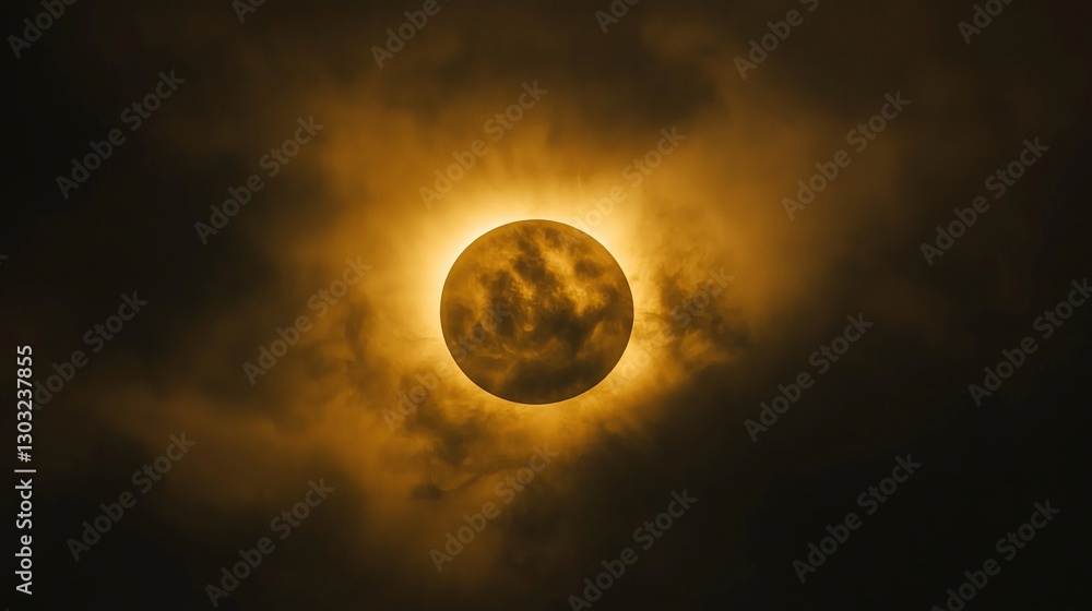 A perfectly round eclipse with a soft halo of golden light A perfectly round eclipse with a soft halo of golden light