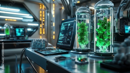 Wallpaper Mural Lab with futuristic bioreactor jars containing glowing green plants Torontodigital.ca