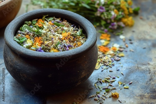 Herbs Prepared for Herbal Decoction in Traditional Chinese Medicine Pot photo