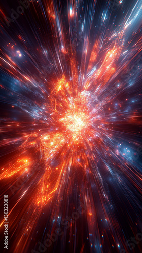 A vibrant 3D render of an abstract shape explosion, featuring dynamic, futuristic energy bursts with glowing shards and fluid motion. The scene radiates power, innovation, and digital evolution
