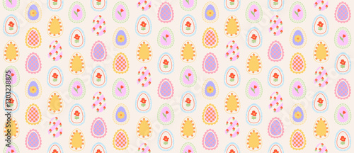 Easter eggs seamless pattern trendy design with Easter eggs and spring flowers in geometric style with doodles. Easter eggs background for ads, greetings, packaging, print, fabric
