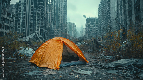Orange tent in destroyed cityscape war aftermath scene grey ruins grimy bleak photo image gloomy