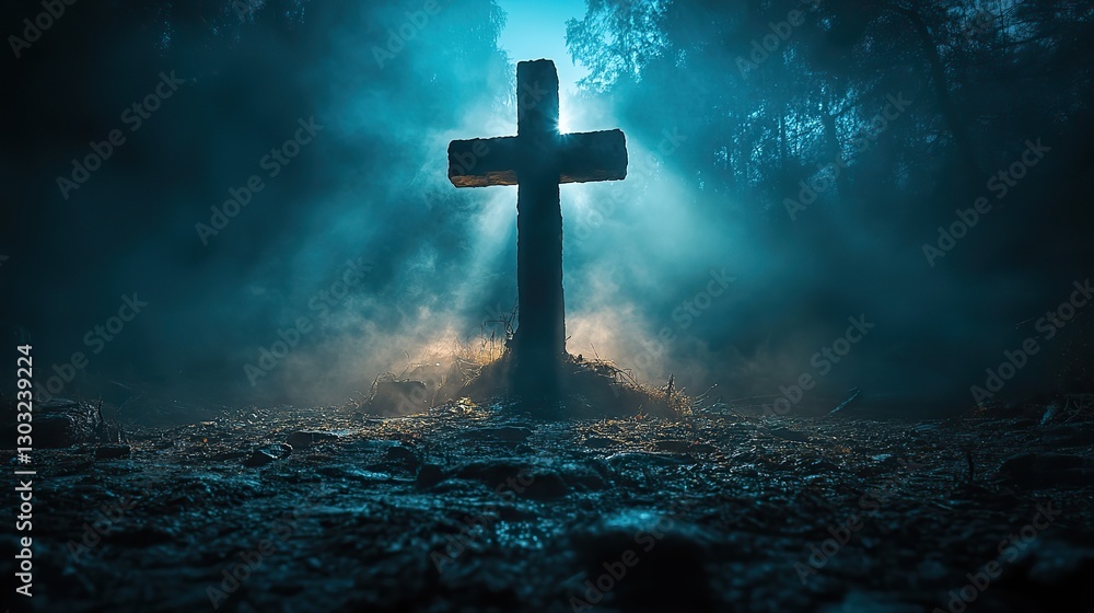 Fototapeta premium cross in the dark with rays of light