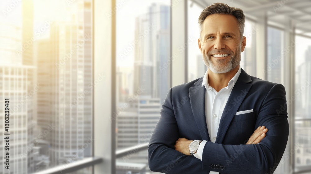 Confident Businessman with Modern City Background Smiling in Office Confident Businessman with Modern City Background Smiling in Office
