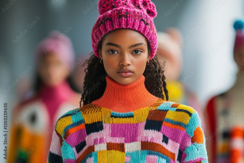 Model showcasing vibrant and stylish knitwear with a pink beanie during a fashion runway show Model showcasing vibrant and stylish knitwear with a pink beanie during a fashion runway show