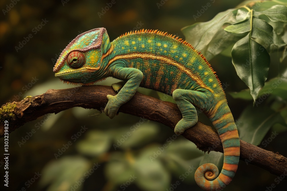 Fototapeta premium Close-up of a veiled chameleon calmly resting on a branch, showcasing its vibrant green and yellow skin and curled tail
