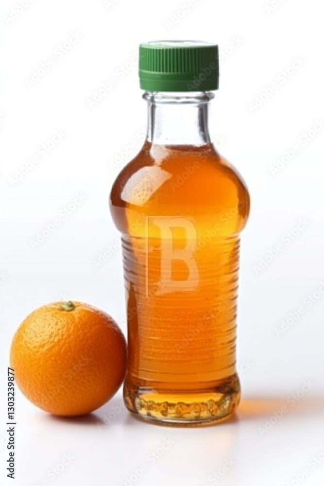 glass bottle of orange juice with a green lid and one orange, on a white background glass bottle of orange juice with a green lid and one orange, on a white background