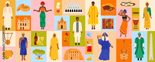 Colorful collage highlighting African traditions, clothing, cuisine, and iconic architecture. Celebration of African heritage and diversity, vector illustration.