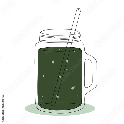 Green herbal tea in  clear glass jar with  straw. Refreshing delicious drink. One icon isolated on  white background. Lineart. Color is green. Flat.
