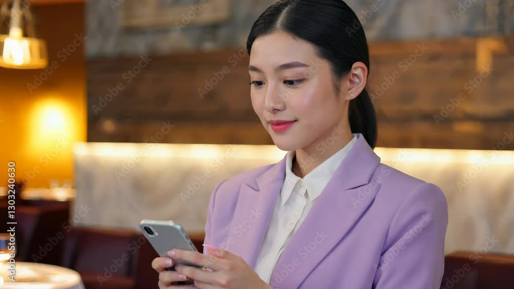 Young Woman in Purple Suit Using Smartphone for Dining in Cozy Restaurant Setting, work online concept. Young Woman in Purple Suit Using Smartphone for Dining in Cozy Restaurant Setting, work online concept.