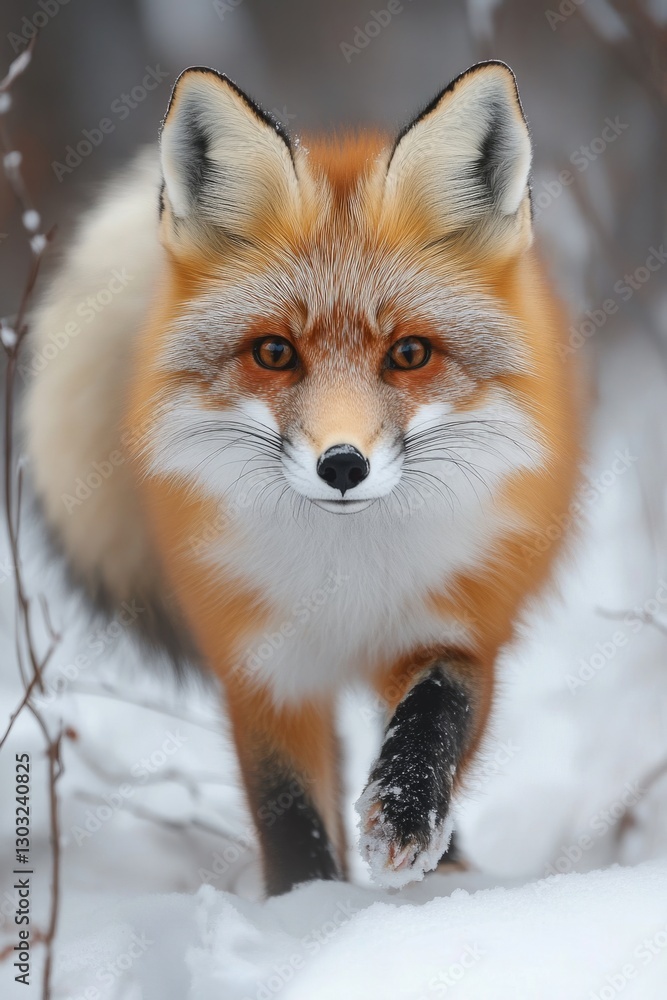 Obraz premium Wild red fox walking through a snowy forest in winter