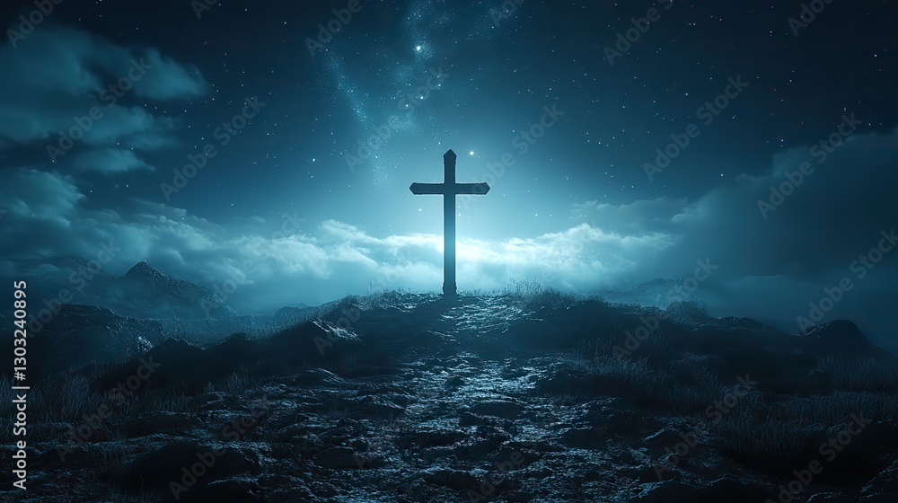 Naklejka premium cross on the mountain at night 3d rendering