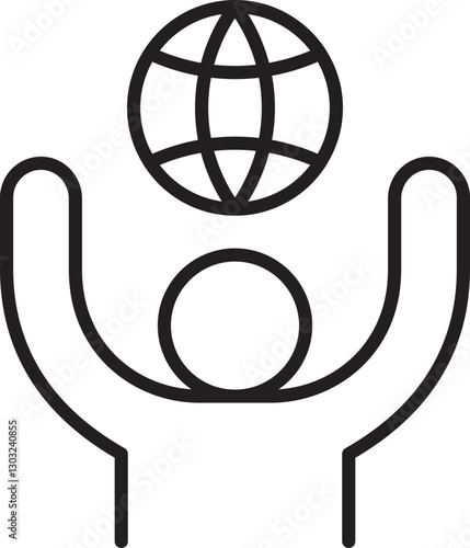 Person raising hands with globe icon. line icon