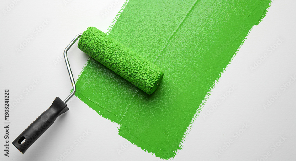 Obraz premium Green paint roller applying a fresh coat on a white surface