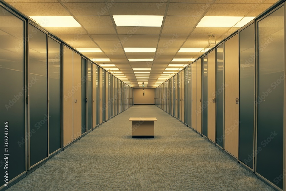 Fototapeta premium long narrow office hallway with rows of cubicles on both sides and low ceilings. The walls feature light gray panels with beige accents
