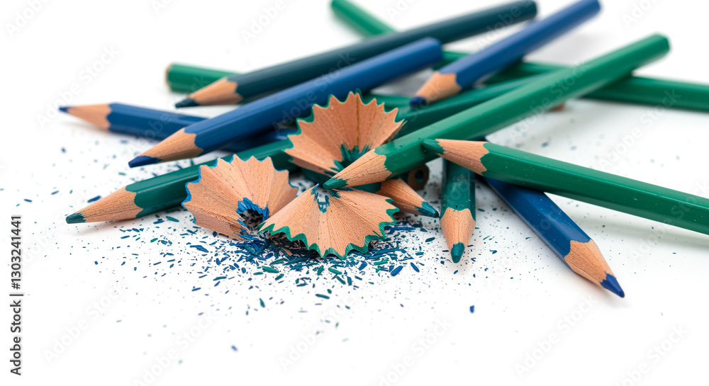Scattered blue and green pencils with shavings on a white background Scattered blue and green pencils with shavings on a white background