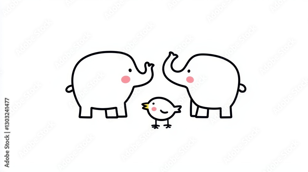 Cute elephants and bird family, heartwarming scene, perfect for children's book illustrations, or social media Cute elephants and bird family, heartwarming scene, perfect for children's book illustrations, or social media