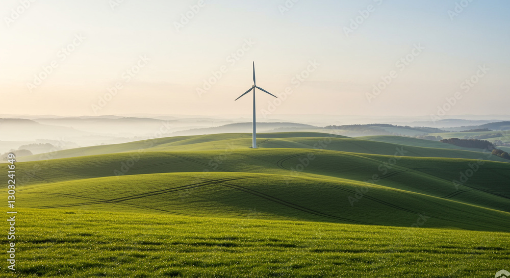 Obraz premium Scenic landscape with a single wind turbine in rolling hills