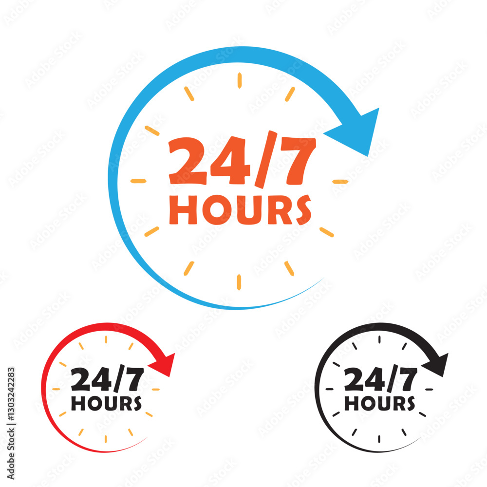Obraz premium 24 Hours Service 24/7 available logotype symbol vector illustration typography 24 hr service with circle arrow showing 24 hr clock time isolated