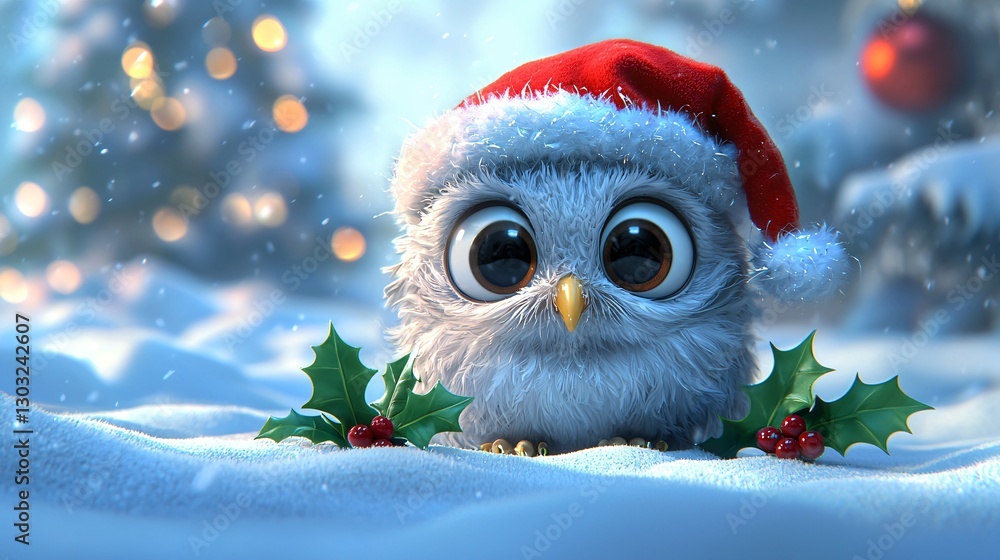 Cute owl in Santa hat, snowy scene, Christmas Cute owl in Santa hat, snowy scene, Christmas