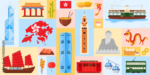 Collage of Hong Kong culture featuring iconic landmarks, traditional food, and local symbols. A vibrant depiction of the city heritage and urban charm, vector illustration.