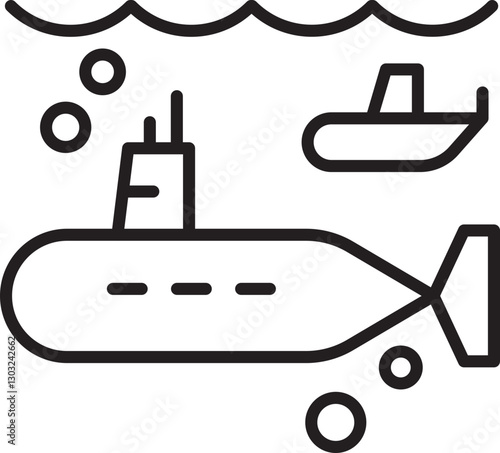 Submarine and boat in underwater scene line icon